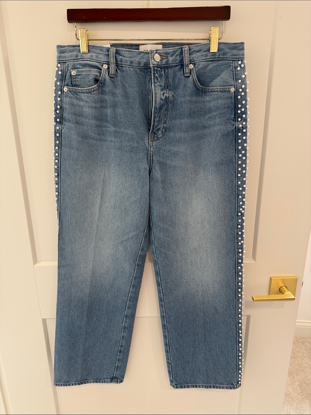 Pearl-Trim Straight Leg Ankle Women's Jeans - Light Blue